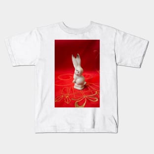 White bunny on red background Kids T-Shirt